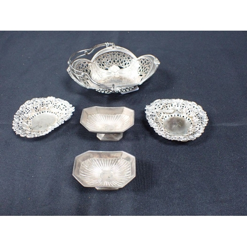 307 - A PAIR OF SILVER SALTS with a silver basket and two small pierced trays