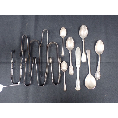 308 - A COLLECTION OF SILVER SPOONS AND TONGS