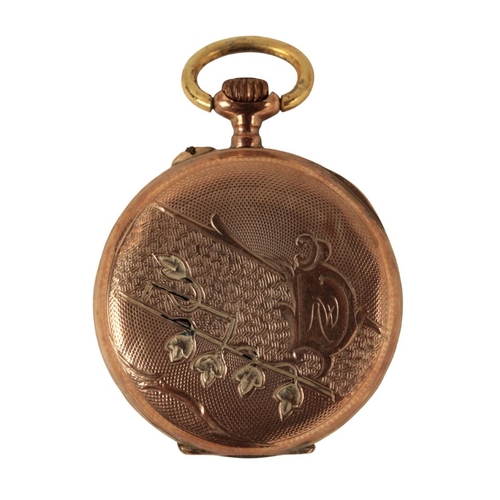 334 - A LADIES' VICTORIAN GOLD FOB WATCH with keyless wind movement, the white enamel dial with black Arab... 