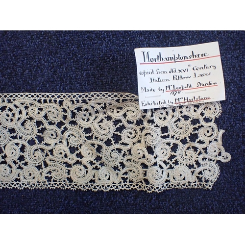 362 - A LENGTH OF 19th CENTURY HANDMADE LACE, APPROX 5.4m LONG with attached card; 'Northamptonshire - cop... 