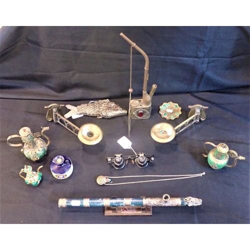 367 - A TIBETAN FLUTE, STONE WITH METAL MOUNTS an articulated fish, other similar items, a pair of Edwardi... 