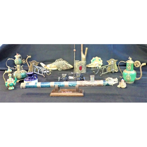 367 - A TIBETAN FLUTE, STONE WITH METAL MOUNTS an articulated fish, other similar items, a pair of Edwardi... 