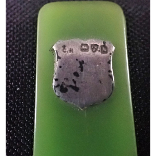 373 - A FAUX JADE BOOK MARKER with silver shield mount, c1900