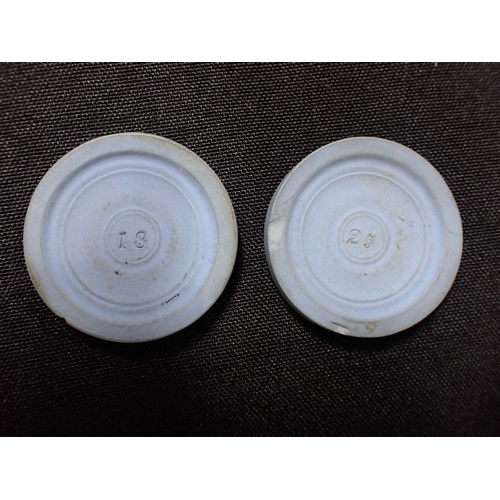 374 - TWO 19TH CENTURY JASPER WARE STYLE POTTERY MEDALLIONS OR GAMING COUNTERS moulded in relief with prof... 