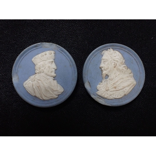 374 - TWO 19TH CENTURY JASPER WARE STYLE POTTERY MEDALLIONS OR GAMING COUNTERS moulded in relief with prof... 