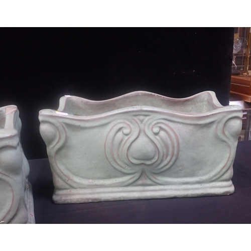 4 - A PAIR OF DOULTON LAMBETH ART NOUVEAU GLAZED STONEWARE GARDEN PLANTERS stamp partially obscured, one... 