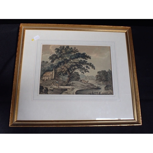 474 - ENGLISH SCHOOL, 19TH CENTURY A figure crossing a bridge with a cottage and cattle behind and a town ... 