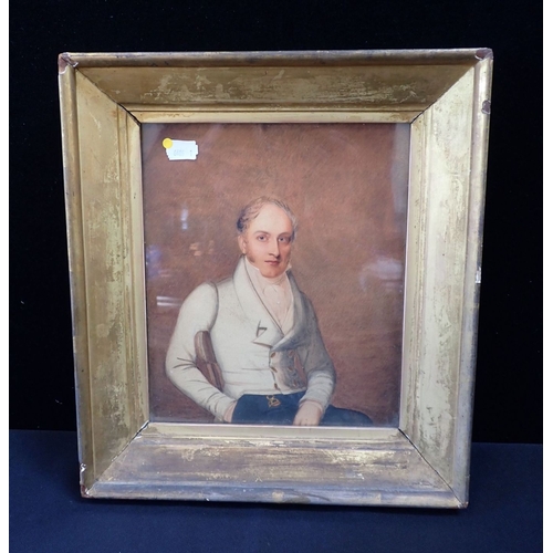 476 - EARLY 19TH CENTURY ENGLISH SCHOOL: PORTRAIT OF A GENTLEMAN in white coat with fob, watercolour, 25 x... 