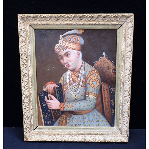 477 - AN INDIAN PORTRAIT OF THE MUGHAL EMPEROR AKBAR oil on board 25 x 20.5cm, plus gilt frame