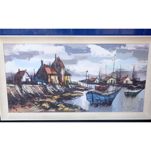 479 - GILDER (1960S BRITISH), HARBOUR SCENE acrylic on canvas, 51cm x 102cm, signed, in white painted fram... 