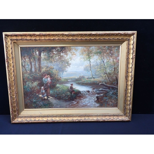 486 - HENRY MARTIN (LATE 19TH/EARLY 20TH CENTURY); RIVER VIEW with mother and children on the banks, oil o... 