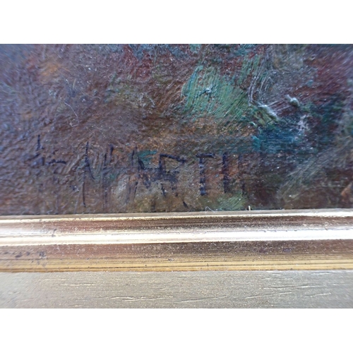 486 - HENRY MARTIN (LATE 19TH/EARLY 20TH CENTURY); RIVER VIEW with mother and children on the banks, oil o... 