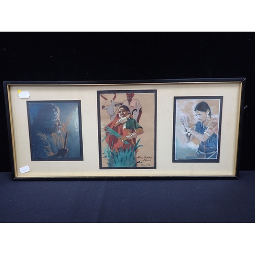 487 - THREE INDIAN GOUACHE ILLUSTRATIONS framed as one, one with a gift inscription, and dated May 1943, t... 