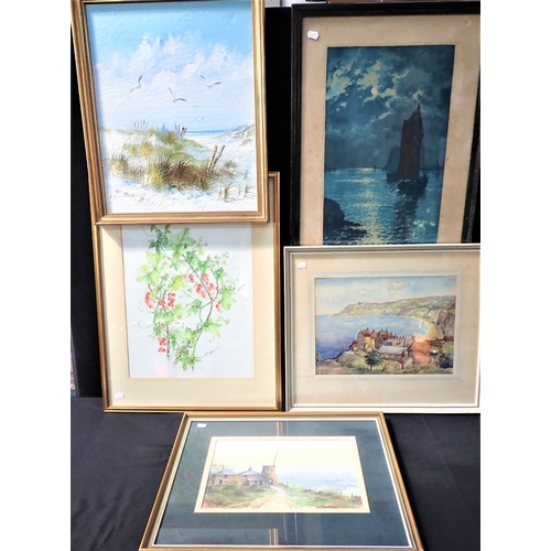 494 - H. ADAMS: COASTAL VILLAGE, WITH CLIFFS watercolour,27 x 37cm plus mount and frame, with various othe... 