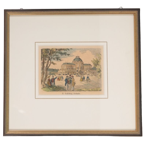 498 - A GROUP OF FOUR ENGRAVINGS including an image of Solitude palace, 8cm x 12cm, a rural scene from Pul... 