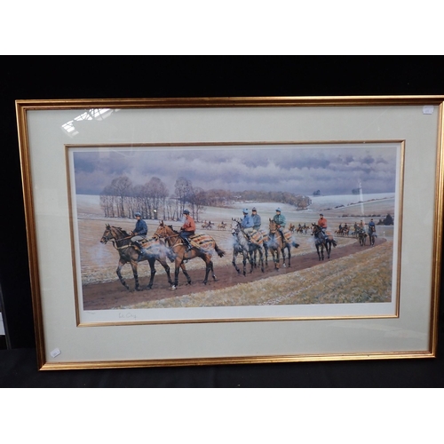 501 - PETER CURLING: A SIGNED  LIMITED EDITION COLOUR PRINT - ON THE GALLOPS AT LAMBOURNE 194/660 in gilt ... 