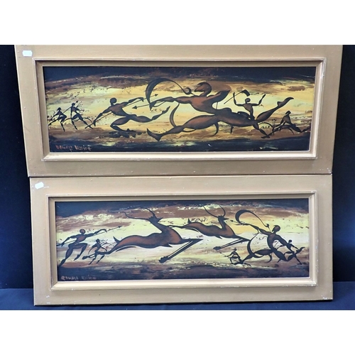 508 - EDWARD M ELLIOTT A pair of cave painting style hunting scenes, oil on board, 90 x 39 cms