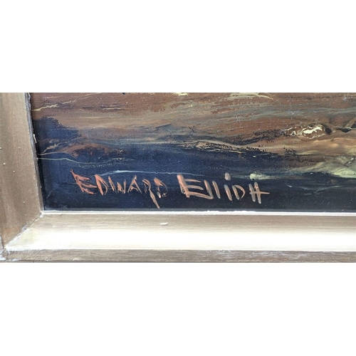 508 - EDWARD M ELLIOTT A pair of cave painting style hunting scenes, oil on board, 90 x 39 cms