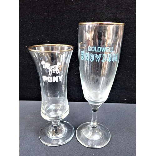 51 - 4 GOLDWELL SNOWBALL GLASSES with 2 Pony glasses, a Dimple bottle and two other bottles.