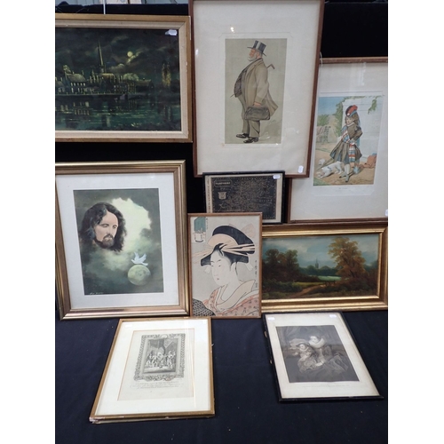 515 - A JAPANESE PRINT OF A WOMAN, AND OTHER FRAMED PICTURES AND PRINTS including Guy Fawkes siezed by Kne... 