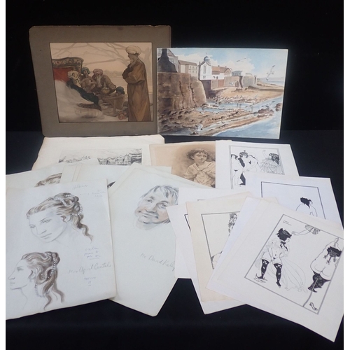 518 - A GROUP OF WATERCOLOUR THEATRICAL PORTRAIT HEADS a number of prints after Aubrey Beardsley, and othe... 