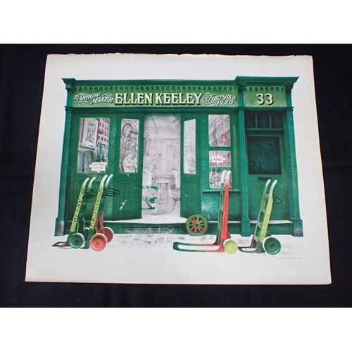520 - DAVID GENTLEMAN (B.1930) ELLEN KEELEY, BARROW MAKER a view of the Covent Garden shop front, lithogra... 