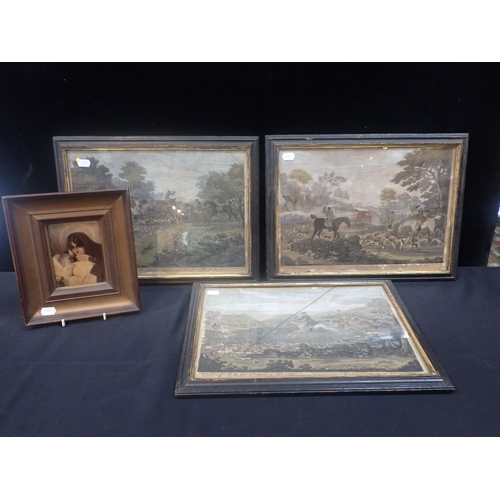 522 - THREE 18TH CENTURY EBONISED PICTURE FRAMES containing (damaged) sporting prints 26.5 x 36.5cm apertu... 