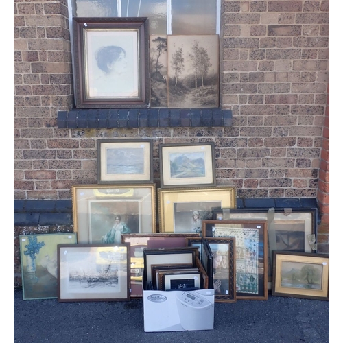 525 - A COLLECTION OF PICTURES AND PRINTS including a mezzotint after Raeburn, another similar, a modern s... 