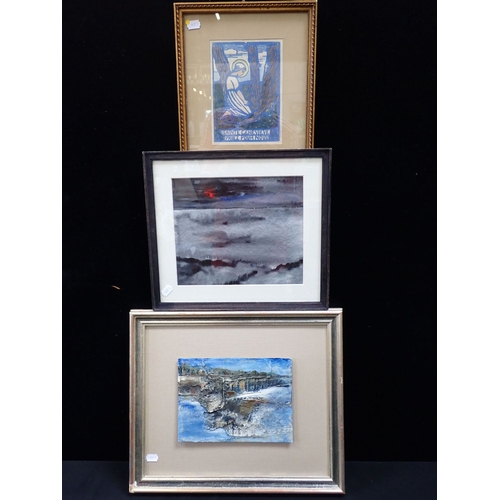 527 - JULIETTE REYNAUD: 'SAINTE GENEVIEVE PRIEZ POUR NOUS' woodcut, c.1928, with an abstract oil on board ... 