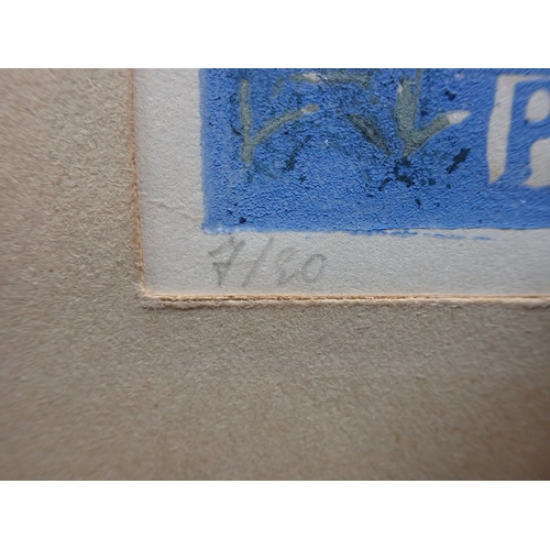 527 - JULIETTE REYNAUD: 'SAINTE GENEVIEVE PRIEZ POUR NOUS' woodcut, c.1928, with an abstract oil on board ... 