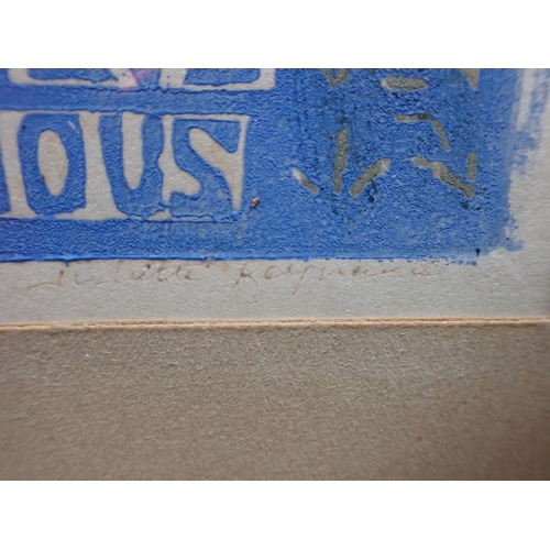 527 - JULIETTE REYNAUD: 'SAINTE GENEVIEVE PRIEZ POUR NOUS' woodcut, c.1928, with an abstract oil on board ... 