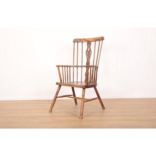 1 - AN ELM STICK BACK WINDSOR ARMCHAIR 19th century, with square fronted seat on splayed and turned legs... 