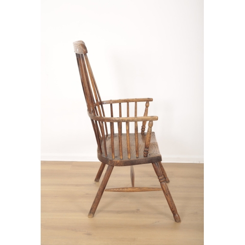 1 - AN ELM STICK BACK WINDSOR ARMCHAIR 19th century, with square fronted seat on splayed and turned legs... 