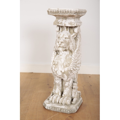100 - A PAIR OF COMPOSITE STONE PLINTHS with moulded square tops over figured winged lions, 78cm high x 25... 