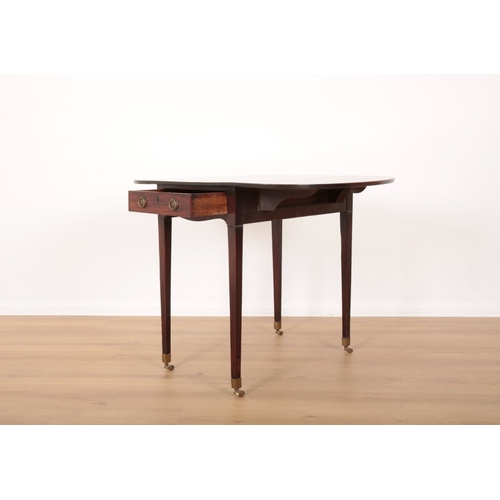 105 - A GEORGE III MAHOGANY PEMBROKE TABLE with oval drop flaps, a single frieze drawer to one side and a ... 