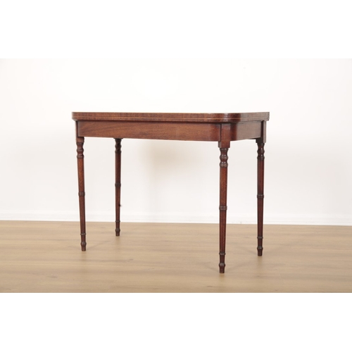 107 - A REGENCY MAHOGANY CARD TABLE the hinged top opening to a green baize lined interior, on ring turned... 