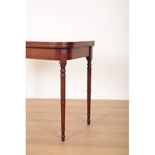 107 - A REGENCY MAHOGANY CARD TABLE the hinged top opening to a green baize lined interior, on ring turned... 