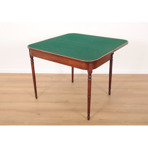 107 - A REGENCY MAHOGANY CARD TABLE the hinged top opening to a green baize lined interior, on ring turned... 