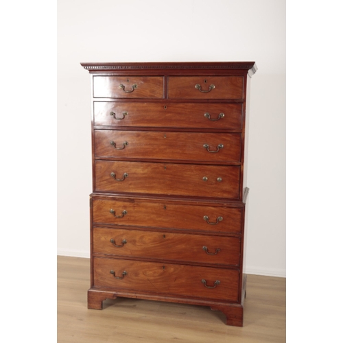 109 - A GEORGE III MAHOGANY CHEST ON CHEST the upper section with a dentil moulded cornice over two short ... 