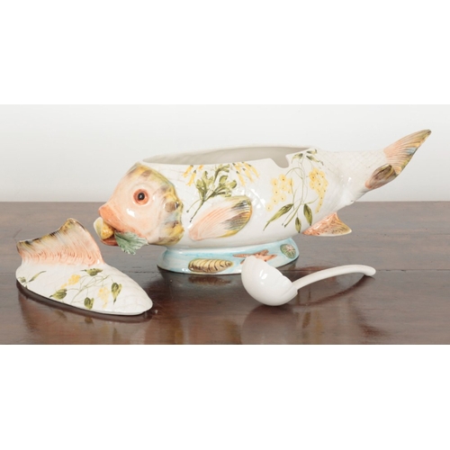 110 - A LARGE ITALIAN PORCELAIN FISH TUREEN marked 8015/E Italy to the base, complete with ladle, 29cm hig... 