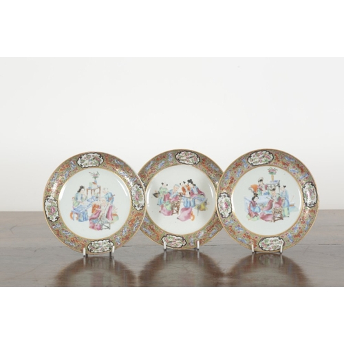 15 - A GROUP OF THREE CHINESE PORCELAIN FAMILLE ROSE PLATES 19th century, each decorated with figural sce... 