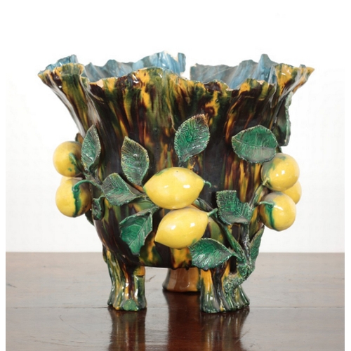 2 - A VICTORIAN POTTERY JARDINIERE with mottled green and yellow glazing and applied lemons and foliage,... 