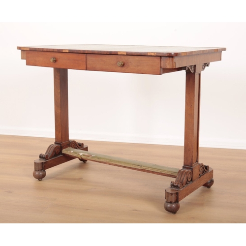 20 - A WILLIAM IV ROSEWOOD WRITING TABLE top inset with gilt tooled green leather, on rectangular end sup... 