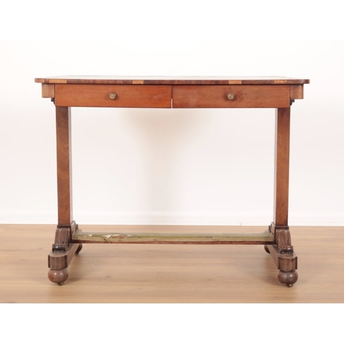 20 - A WILLIAM IV ROSEWOOD WRITING TABLE top inset with gilt tooled green leather, on rectangular end sup... 