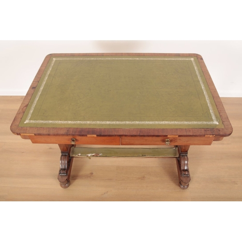 20 - A WILLIAM IV ROSEWOOD WRITING TABLE top inset with gilt tooled green leather, on rectangular end sup... 