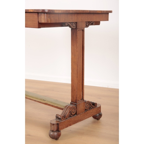 20 - A WILLIAM IV ROSEWOOD WRITING TABLE top inset with gilt tooled green leather, on rectangular end sup... 