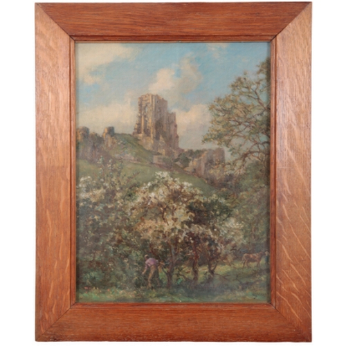 37 - *BERNARD FINNEGAN GRIBBLE (1873-1962) Corfe Castle, Dorset with figures working the field to the for... 