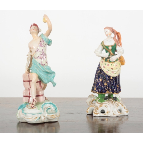40 - A DERBY PORCELAIN FIGURE OF MERCURY depicted with caduceus and purse, 22cm high, together with a con... 