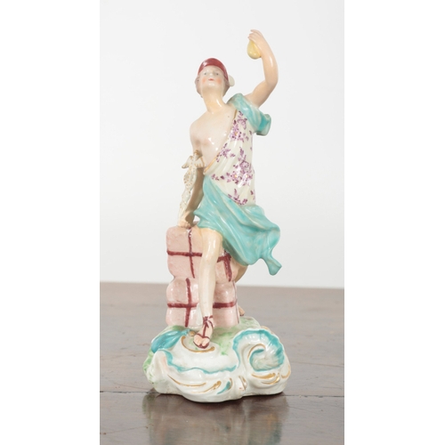 40 - A DERBY PORCELAIN FIGURE OF MERCURY depicted with caduceus and purse, 22cm high, together with a con... 