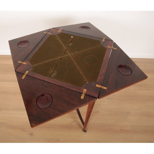 43 - AN EDWARDIAN ROSEWOOD AND MARQUETRY ENVELOPE CARD TABLE the four leaves folding outward to reveal a ... 